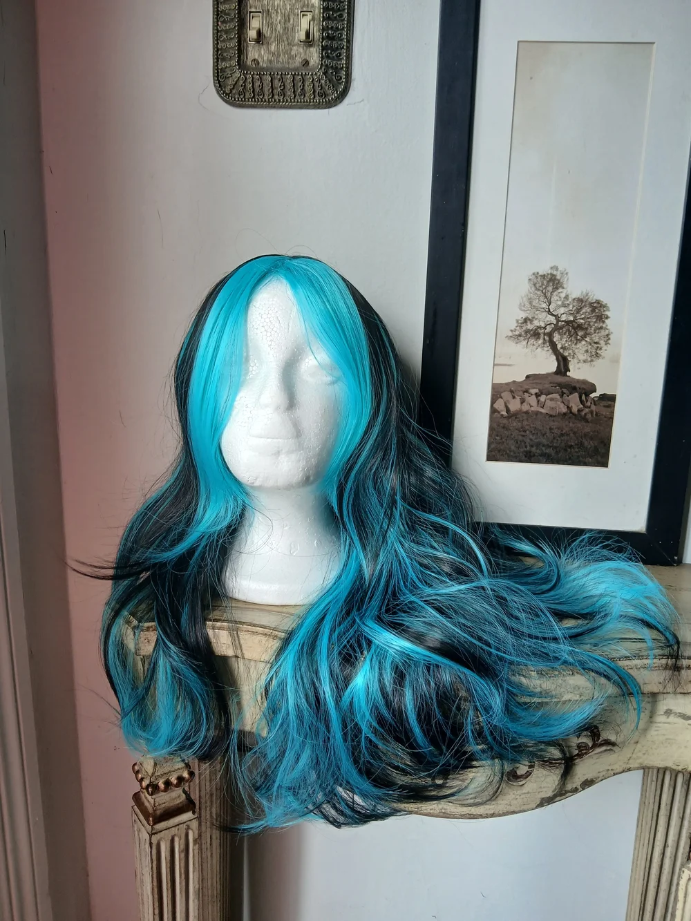Source Unknown Black Wig with Teal Blue Streaks - Long Wavy Style